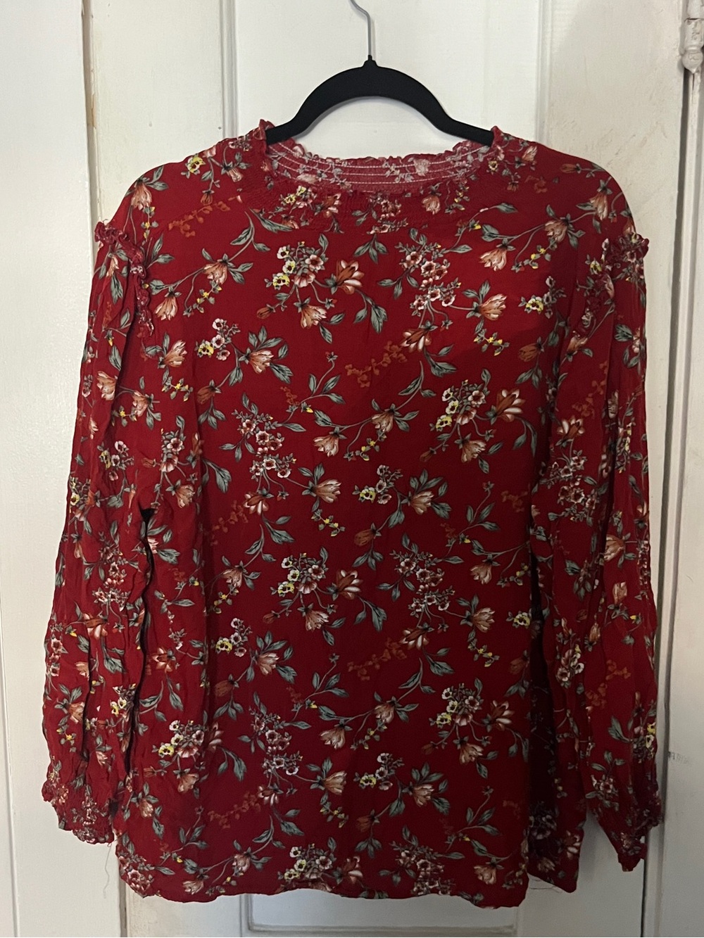 BloomChic Red Floral Ruffle-Neck Long Sleeve Blouse